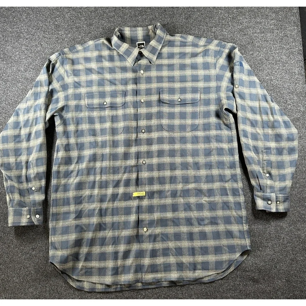 The North Face Button Up Shirt Mens XL Blue Plaid Outdoor Zip Pocket‎